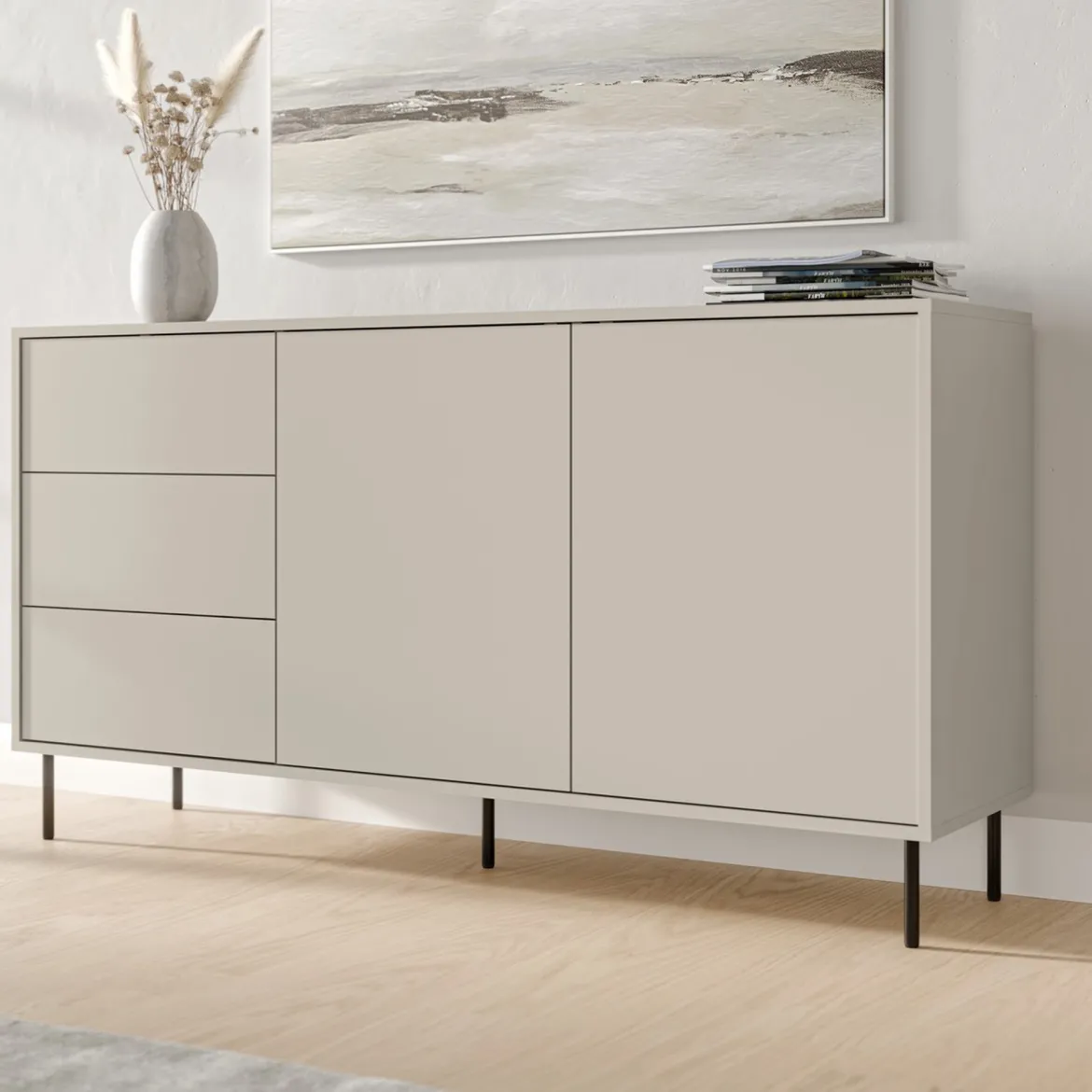 Credenza Beige Nero 3 Cassetti 2 Ripiani 150x39x80h cm, Apertura Battente, Scorrevole - Civezza