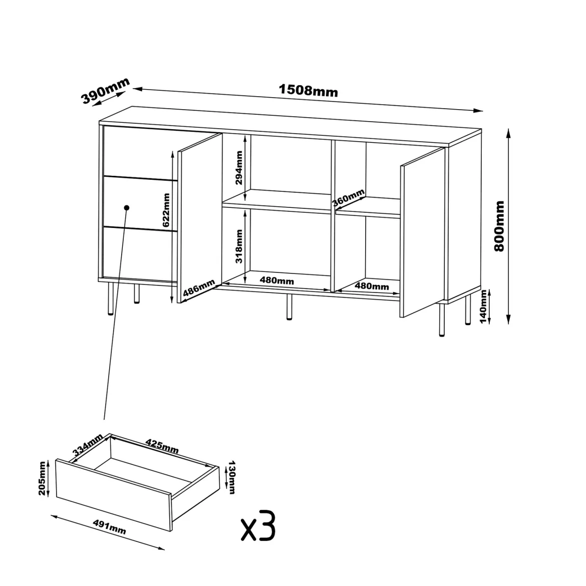 Credenza Beige Nero 3 Cassetti 2 Ripiani 150x39x80h cm, Apertura Battente, Scorrevole - Civezza