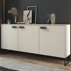 Credenza Beige Nero 3 Cassetti 2 Ripiani 184x40x86h cm, Apertura Battente - Reano