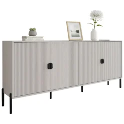 Credenza Beige Nero Cassetti 4 Ripiani 203x49x83h cm, Apertura Battente - Arpina
