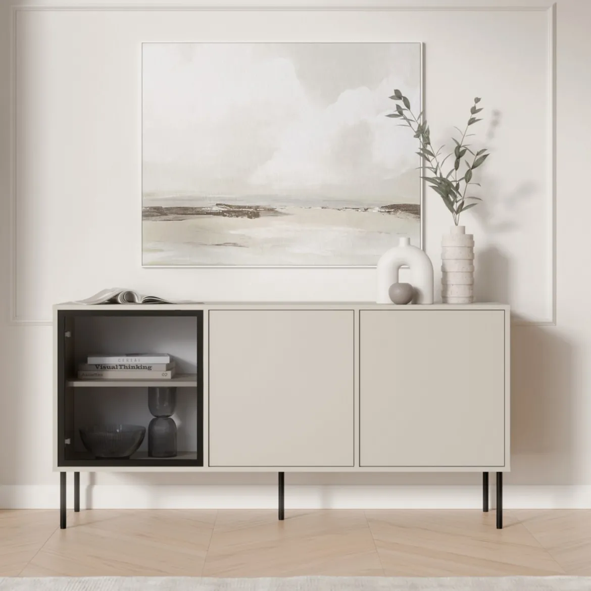 Credenza Beige Nero 3 Ripiani Apertura Battente 150x40x75h cm, 3 Ante - Conzano