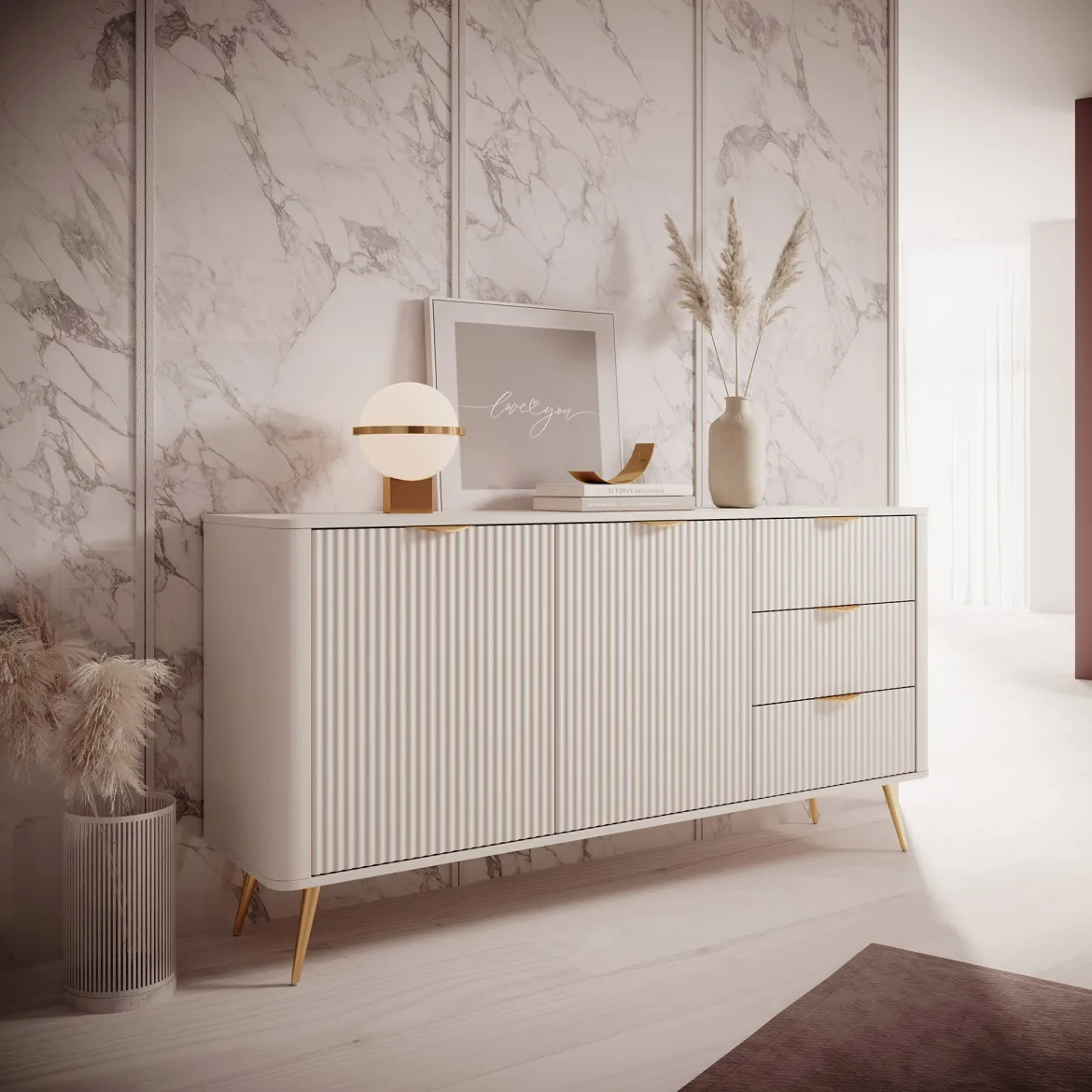 Credenza Beige oro 3 Cassetti 2 Ripiani 163x38x81h cm, Apertura Battente, Scorrevole - Halilala