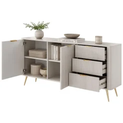 Credenza Beige oro 3 Cassetti 2 Ripiani 163x38x81h cm, Apertura Battente, Scorrevole - Halilala
