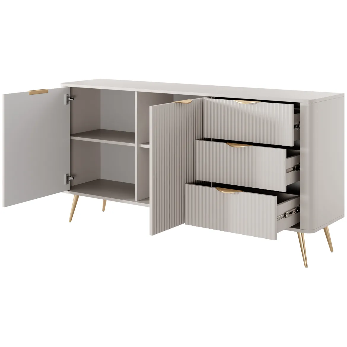 Credenza Beige oro 3 Cassetti 2 Ripiani 163x38x81h cm, Apertura Battente, Scorrevole - Halilala