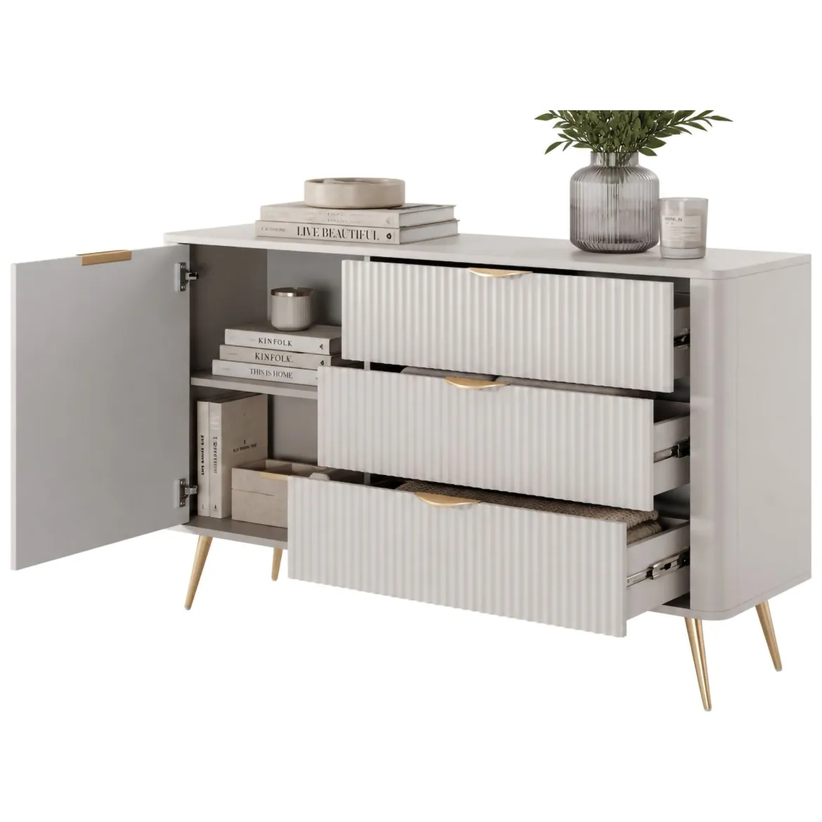 Credenza Beige oro 3 Cassetti un Ripiano 138x38x81h cm, Apertura Battente, Scorrevole - Halilomo