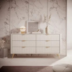 Credenza Beige oro 6 Cassetti un Ripiano 163x38x81h cm, Apertura Scorrevole - Hali