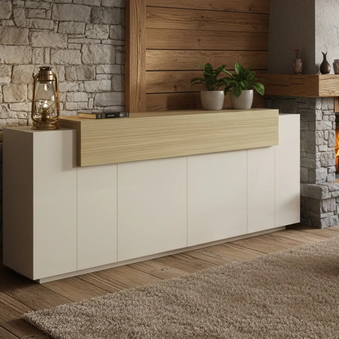 Credenza Beige 3 Ripiani Apertura Battente, a Ribalta 200x45x85.5h cm, 5 Ante - Pulfero