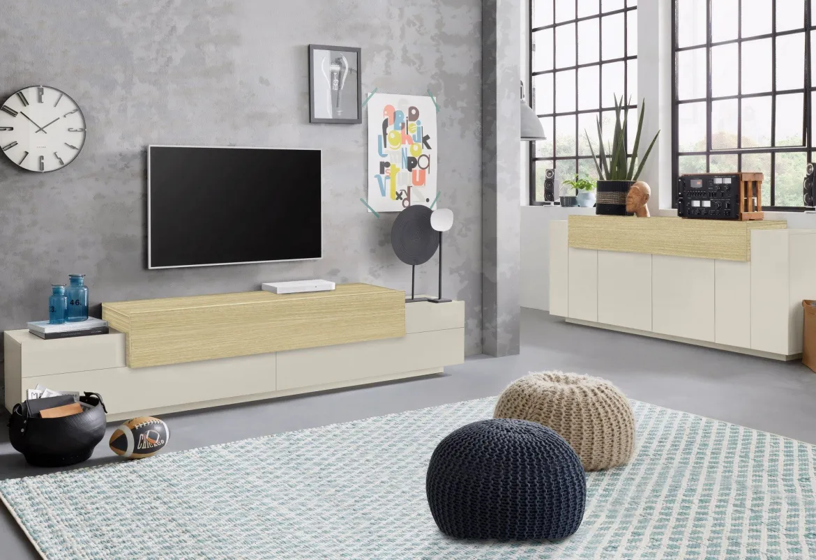 Credenza Beige 3 Ripiani Apertura Battente, a Ribalta 200x45x85.5h cm, 5 Ante - Pulfero