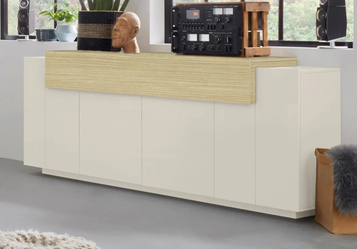 Credenza Beige 3 Ripiani Apertura Battente, a Ribalta 200x45x85.5h cm, 5 Ante - Pulfero