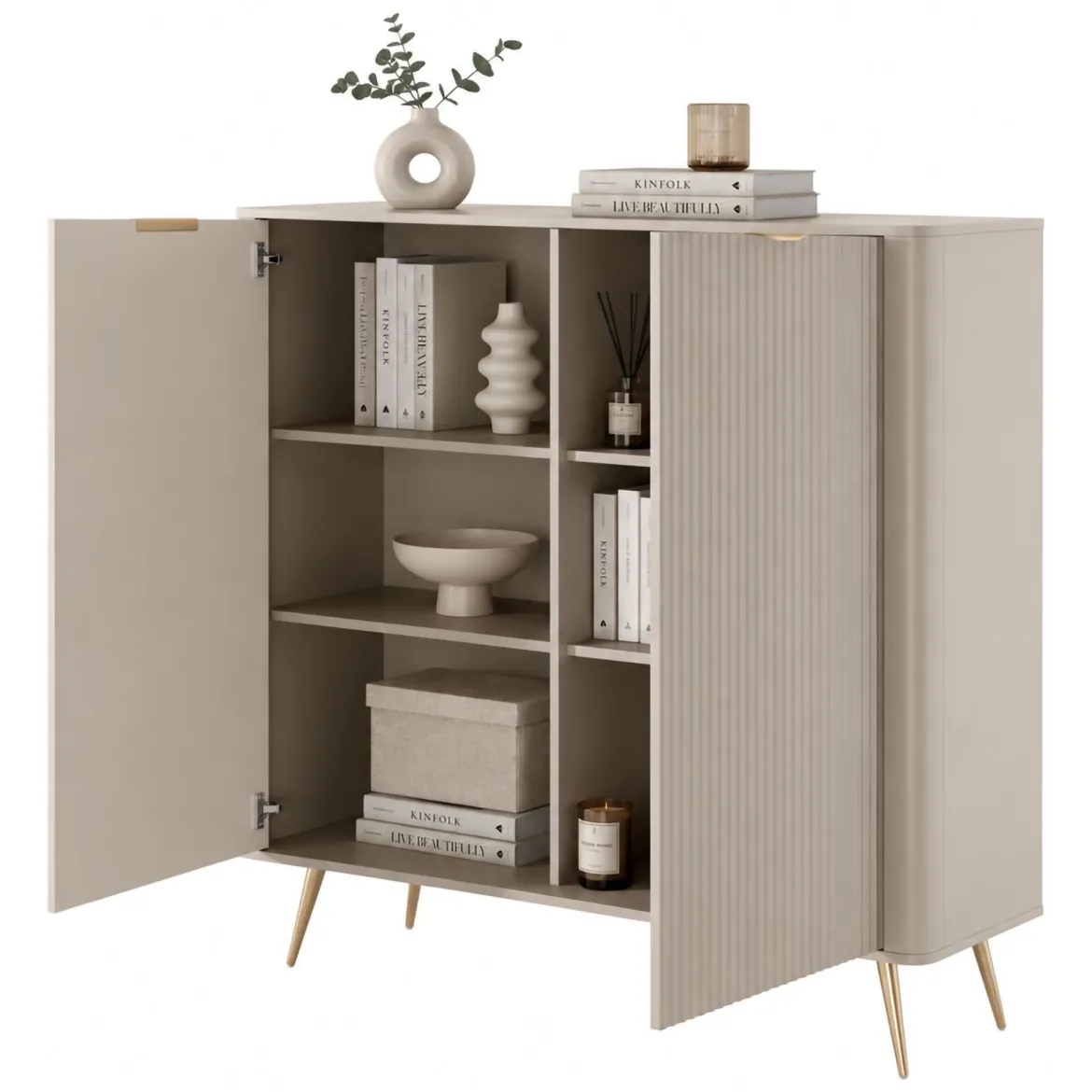 Credenza Beige 4 Ripiani Apertura Battente 113x38x134h cm, 2 Ante - Nerrio