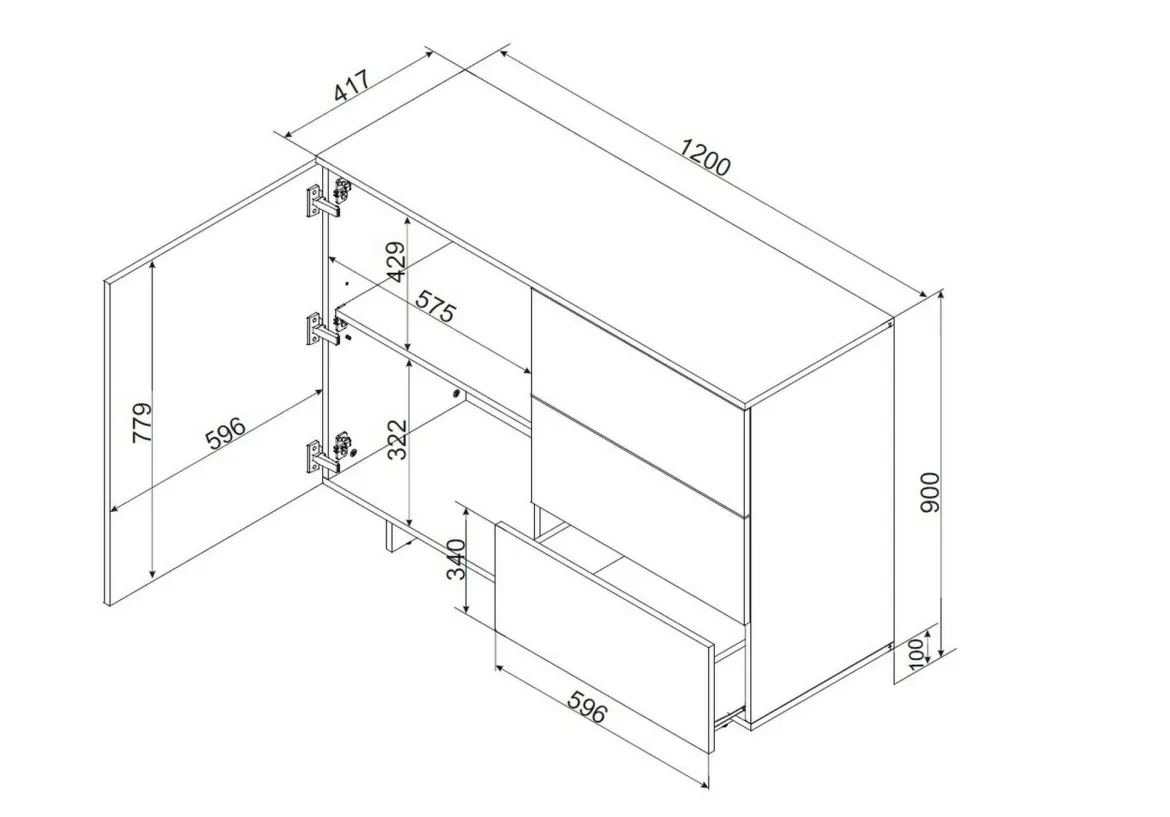 Credenza beige 120x41x90h cm 1 anta e 3 cassetti - Rubiera