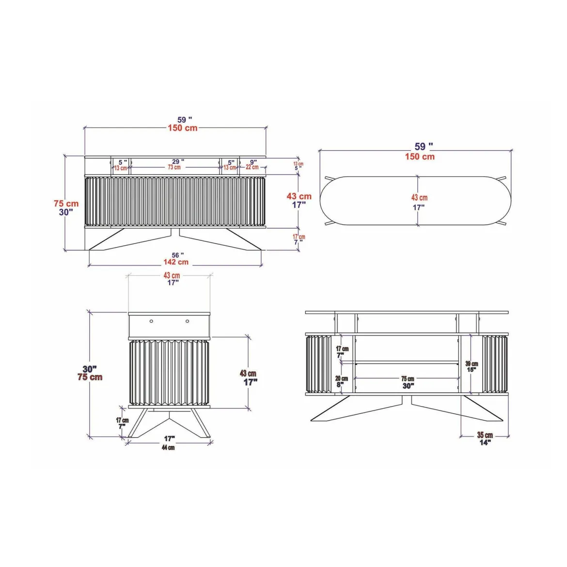 Credenza bianca e antracite 150x43x75h cm 2 ante - Joy