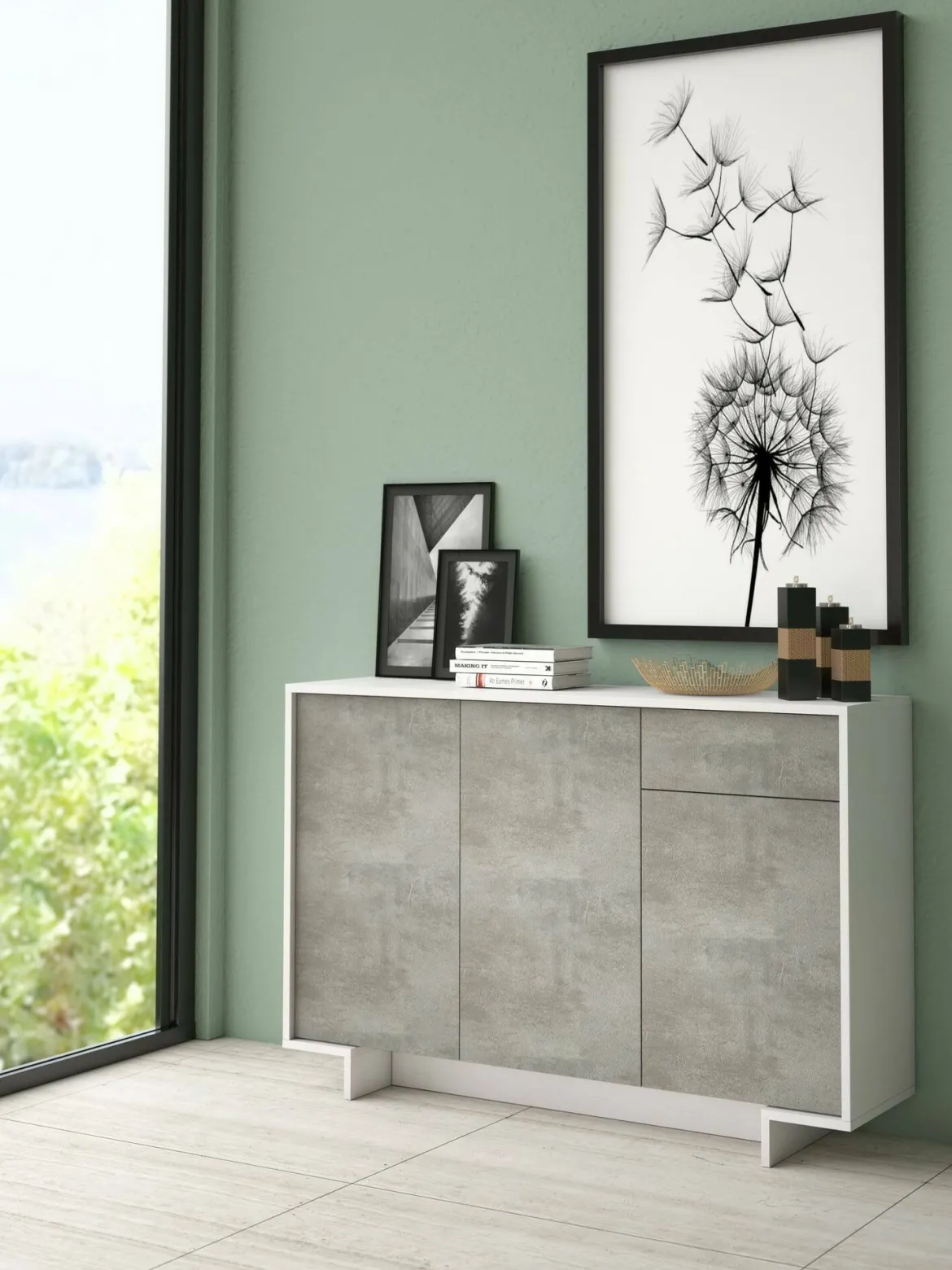Credenza bianca e cemento 134x35x87h cm 3 ante e 1 cassetto - Arius