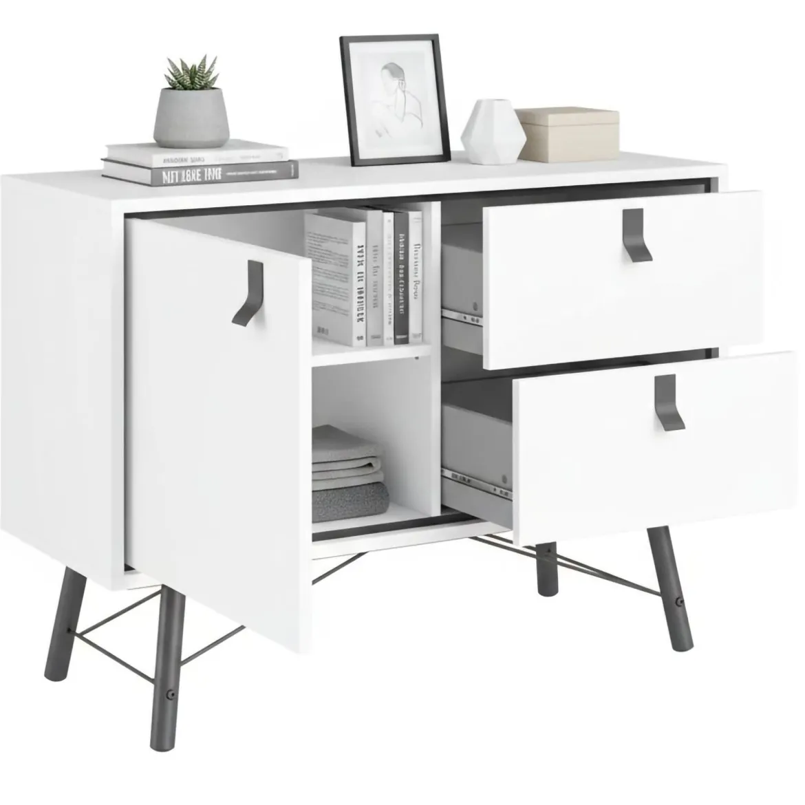 Credenza bianca e nera 101x40x72h cm 1 anta e 2 cassetti - Arconate