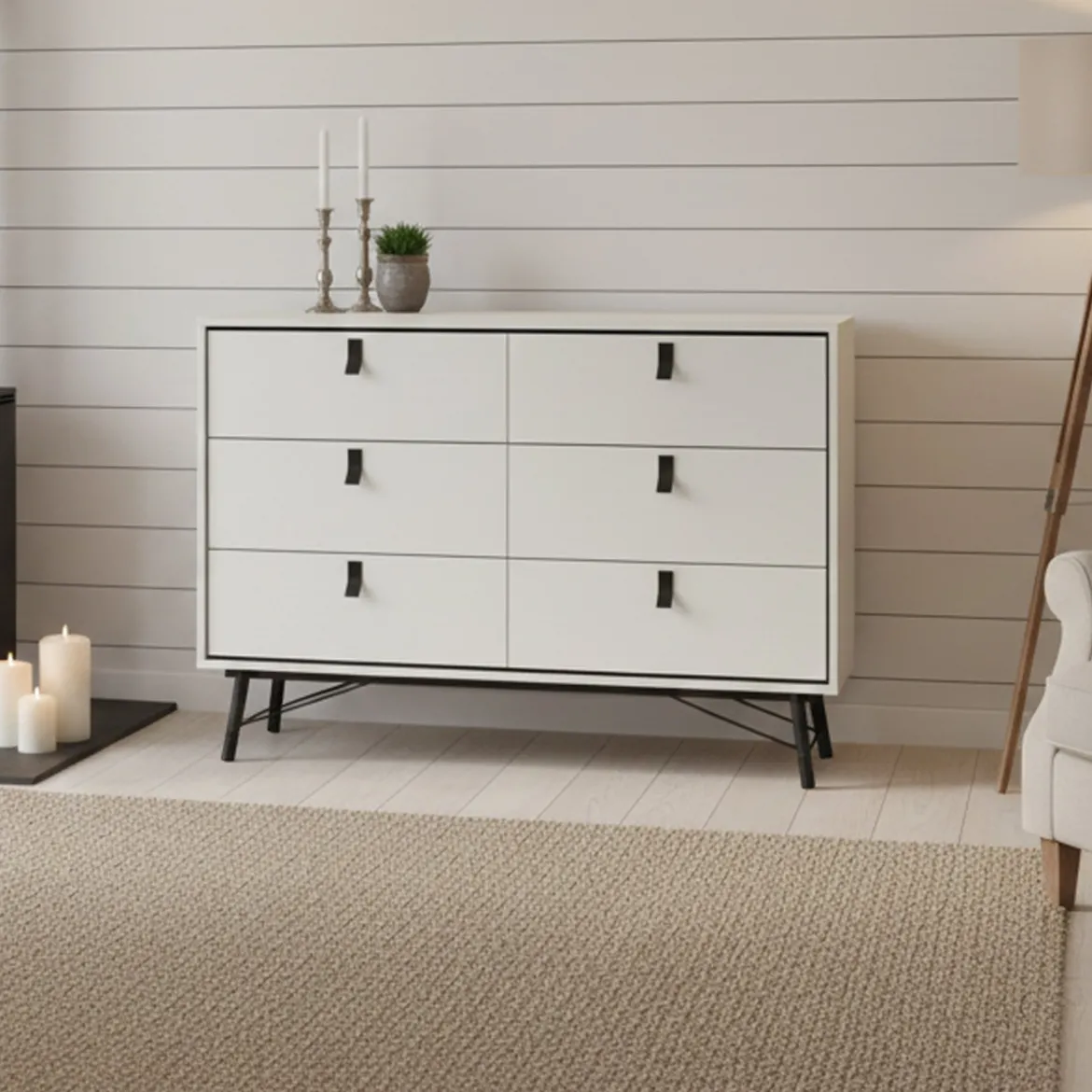 Credenza bianca e nera 150x40x94h cm 6 cassetti - Anturio