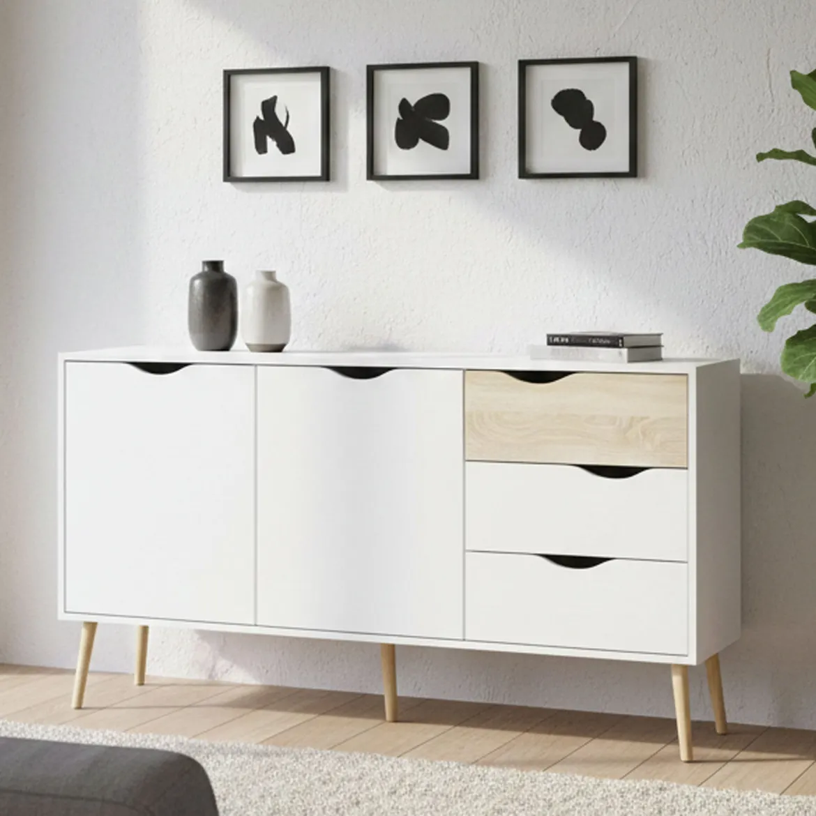 Credenza bianca e quercia 175x48x89h cm 3 ante e 3 cassetti - Julie