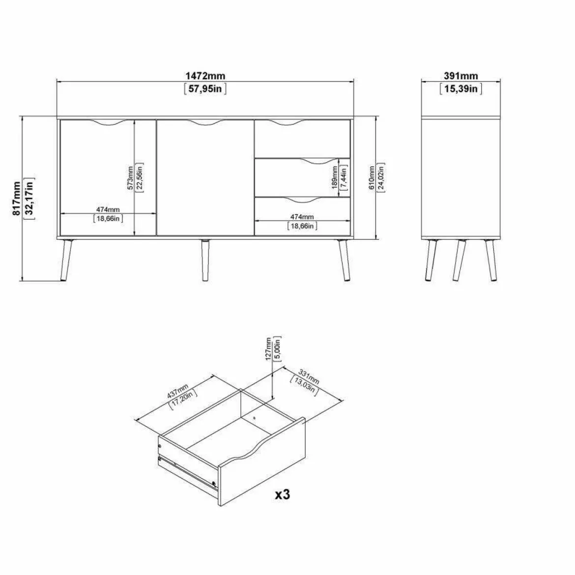 Credenza bianca e quercia 175x48x89h cm 3 ante e 3 cassetti - Julie