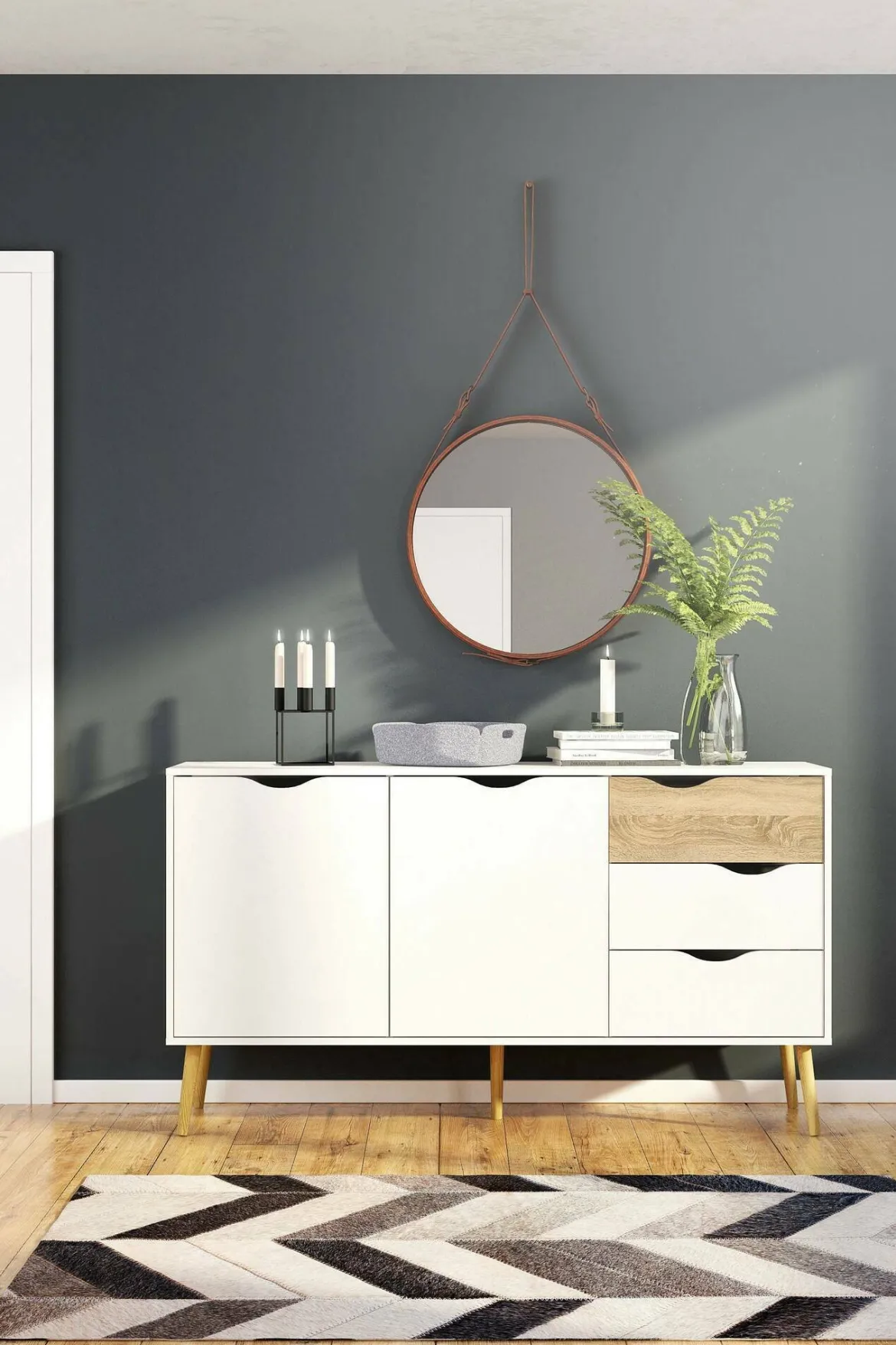 Credenza bianca e quercia 175x48x89h cm 3 ante e 3 cassetti - Julie