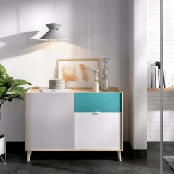Credenza bianca e rovere 105x43x75h cm 2 ante e 1 cassetto - Ascot