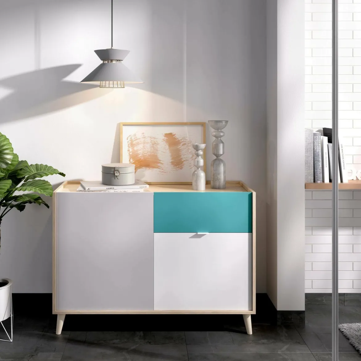 Credenza bianca e rovere 108x40x126h cm 3 ante e 1 cassetto - Angstrom