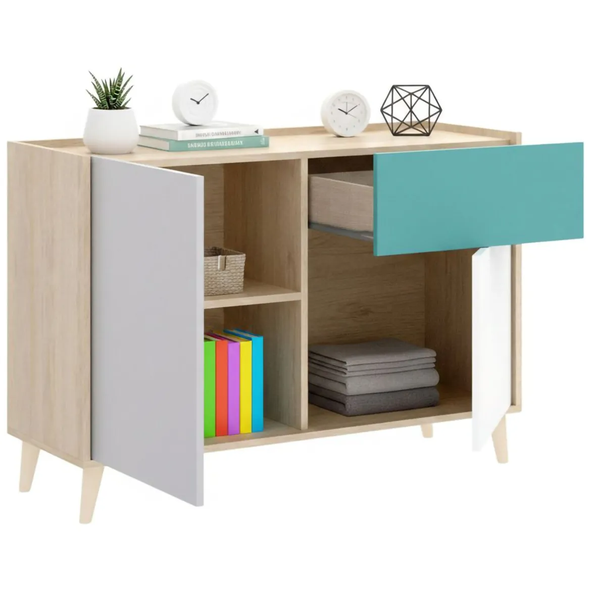 Credenza bianca e rovere 108x40x126h cm 3 ante e 1 cassetto - Angstrom