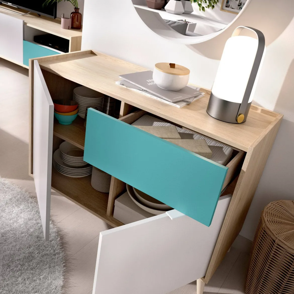 Credenza bianca e rovere 108x40x126h cm 3 ante e 1 cassetto - Angstrom
