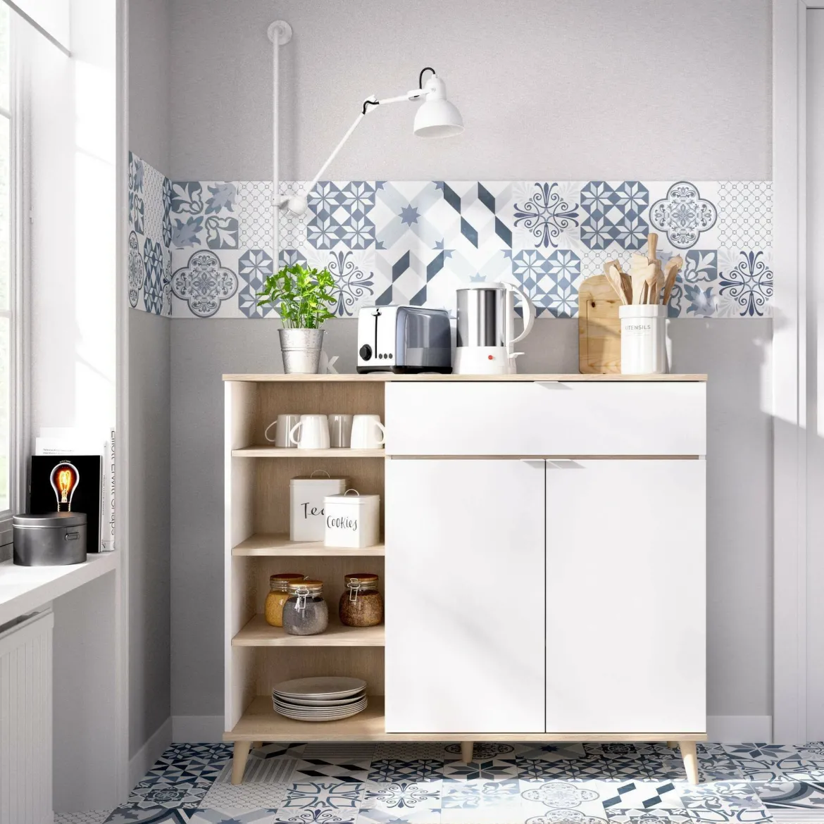 Credenza bianca e rovere 134x35x87h cm 3 ante e 1 cassetto - Arius