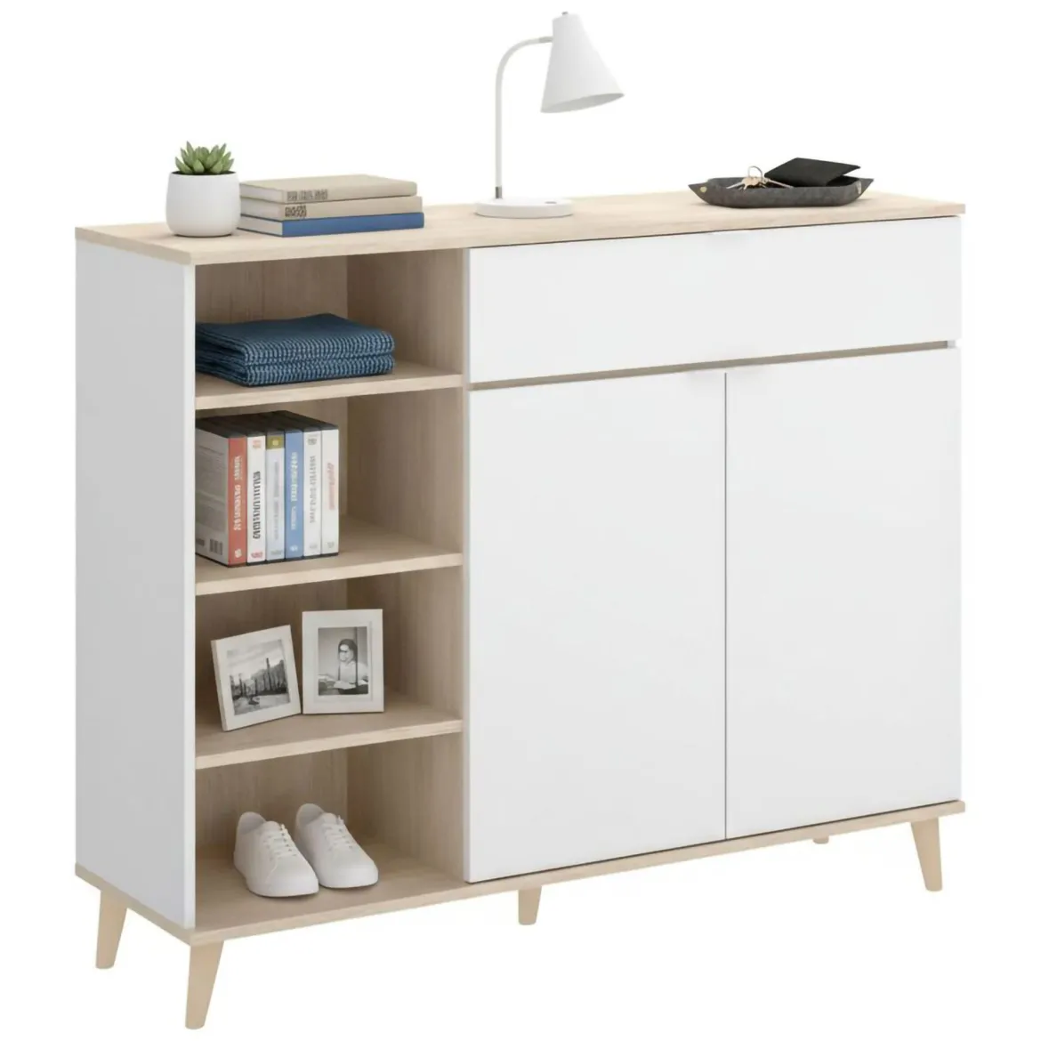 Credenza bianca e rovere 134x35x87h cm 3 ante e 1 cassetto - Arius
