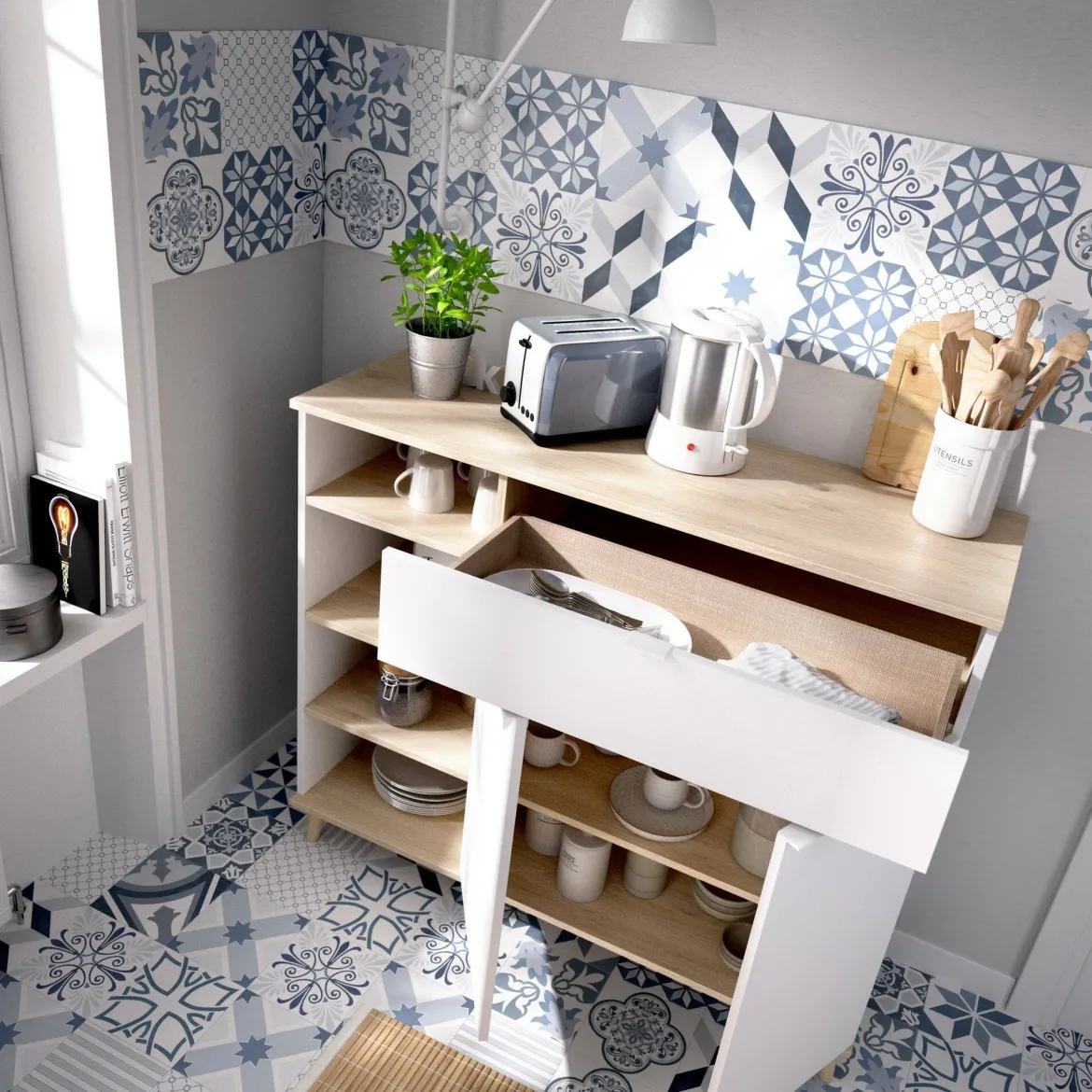 Credenza bianca e rovere 134x35x87h cm 3 ante e 1 cassetto - Arius