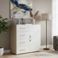 Credenza bianca e rovere 90x41x87h cm 1 anta e 4 cassetti - Aracnida