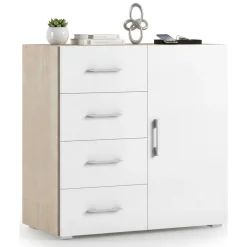 Credenza bianca e rovere 90x41x87h cm 1 anta e 4 cassetti - Aracnida
