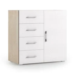 Credenza bianca e rovere 90x41x87h cm 1 anta e 4 cassetti - Aracnida