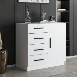 Credenza bianca 90x47x85h cm 1 anta e 4 cassetti - Neoguri