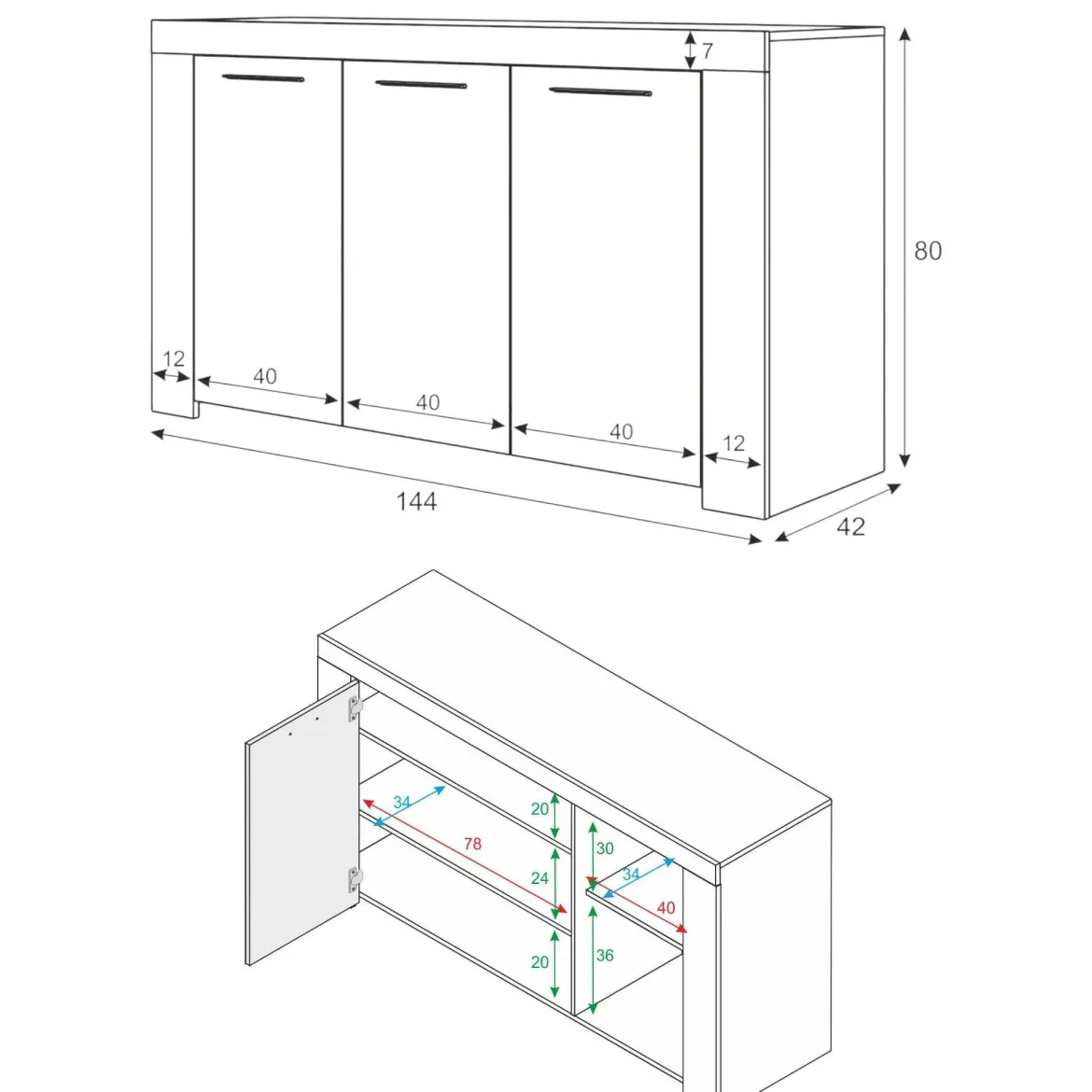 Credenza bianca 144x42x80h cm 3 ante - Amaculi