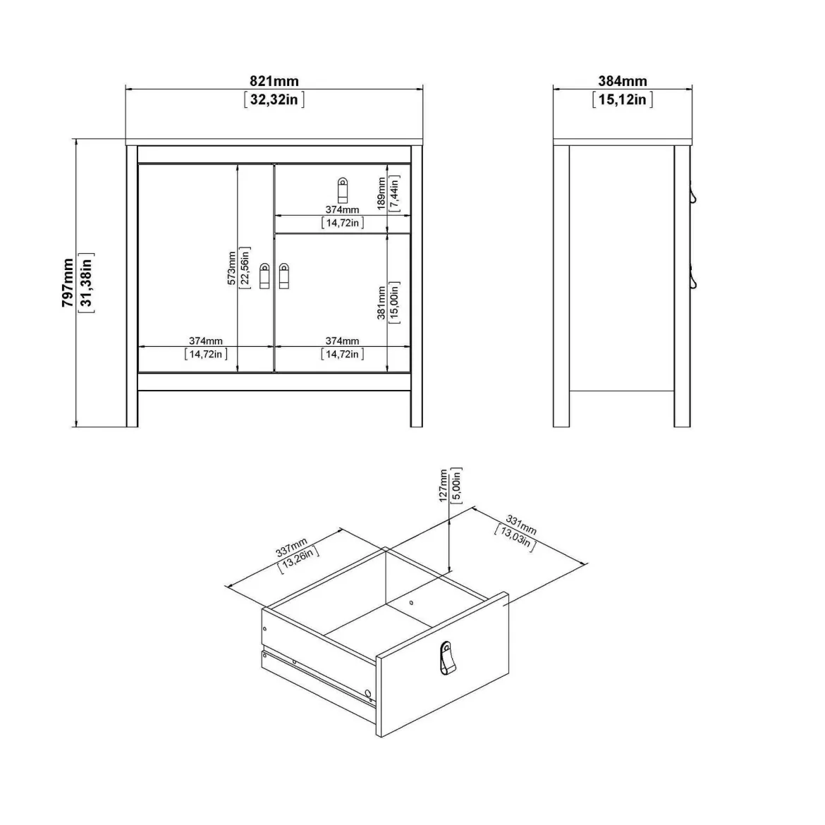 Credenza bianca 82x38x79h cm 2 ante e 1 cassetto - Romagna
