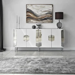 Credenza Bianco Argento 4 Ripiani 4 Ante 180x40x80h cm, 8 Vani - Trigolo