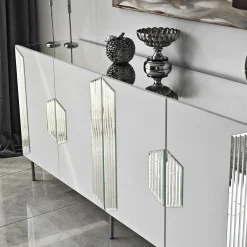 Credenza Bianco Argento 4 Ripiani 4 Ante 180x40x80h cm, 8 Vani - Trigolo
