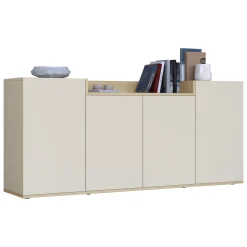 Credenza Bianco Cashmere Marrone Rovere Chiaro 6 Ripiani Apertura Battente 160x35x70h cm, 4 Ante Made in Italy - Swink