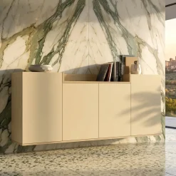 Credenza Bianco Cashmere Marrone Rovere Chiaro 6 Ripiani Apertura Battente 160x35x70h cm, 4 Ante Made in Italy - Swink