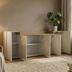 Credenza Bianco Cashmere Marrone Rovere Chiaro 7 Ripiani Apertura Battente 200x35x70h cm, 5 Ante Made in Italy - Cordele