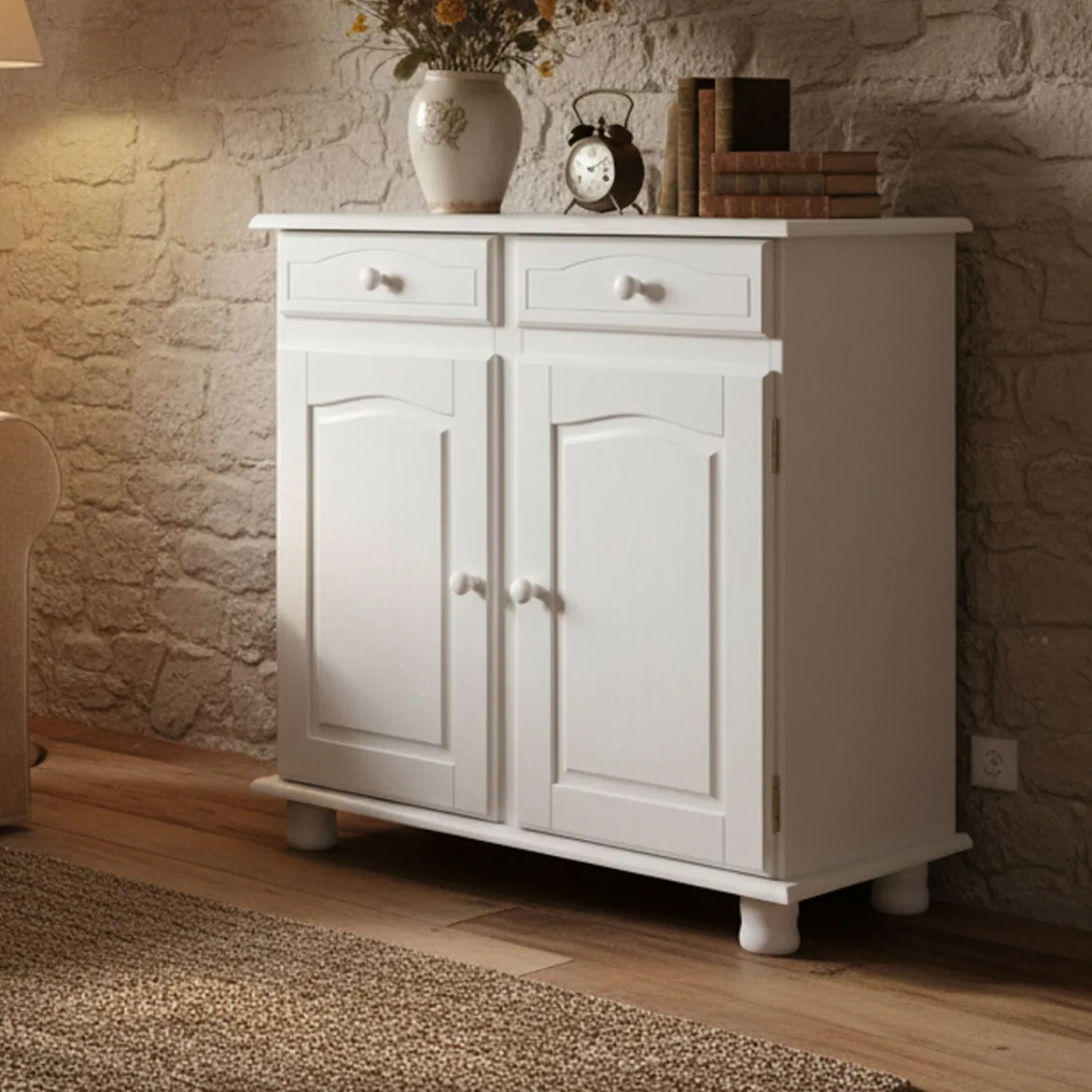 Credenza Bianco 2 Cassetti un Ripiano 90x45x86h cm, Apertura Battente - Buja