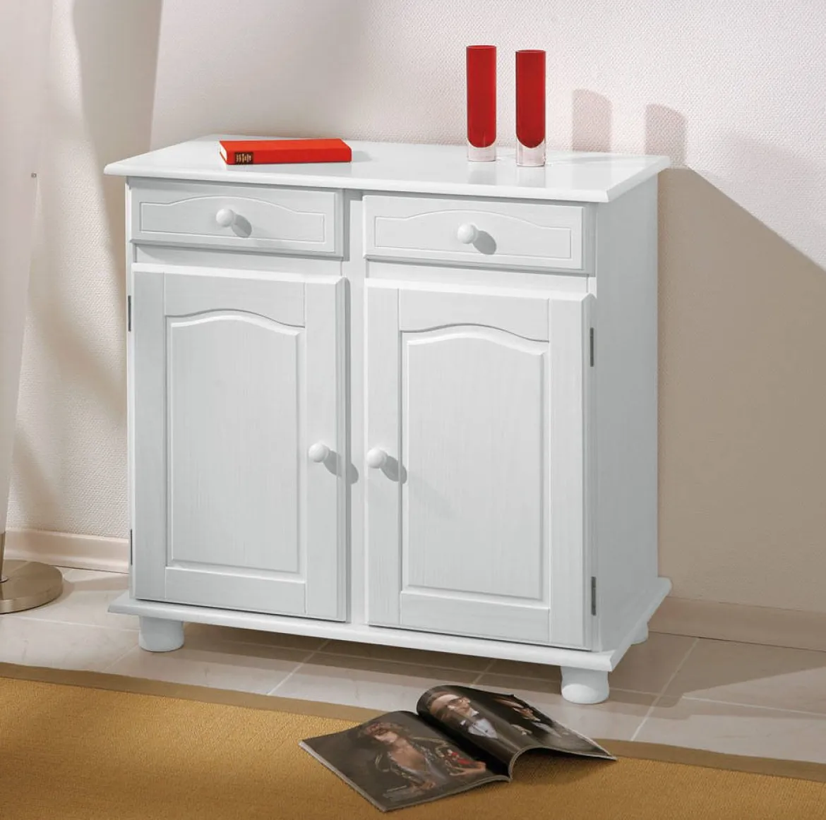 Credenza Bianco 2 Cassetti un Ripiano 90x45x86h cm, Apertura Battente - Buja