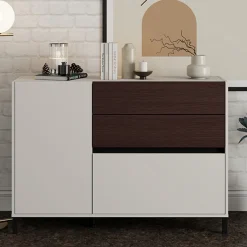 Credenza Bianco Crema Marrone Noce 2 Ripiani 3 Cassetti 125x40x92h cm, Un'anta - Sideme