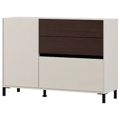 Credenza Bianco Crema Marrone Noce 2 Ripiani 3 Cassetti 125x40x92h cm, Un'anta - Sideme