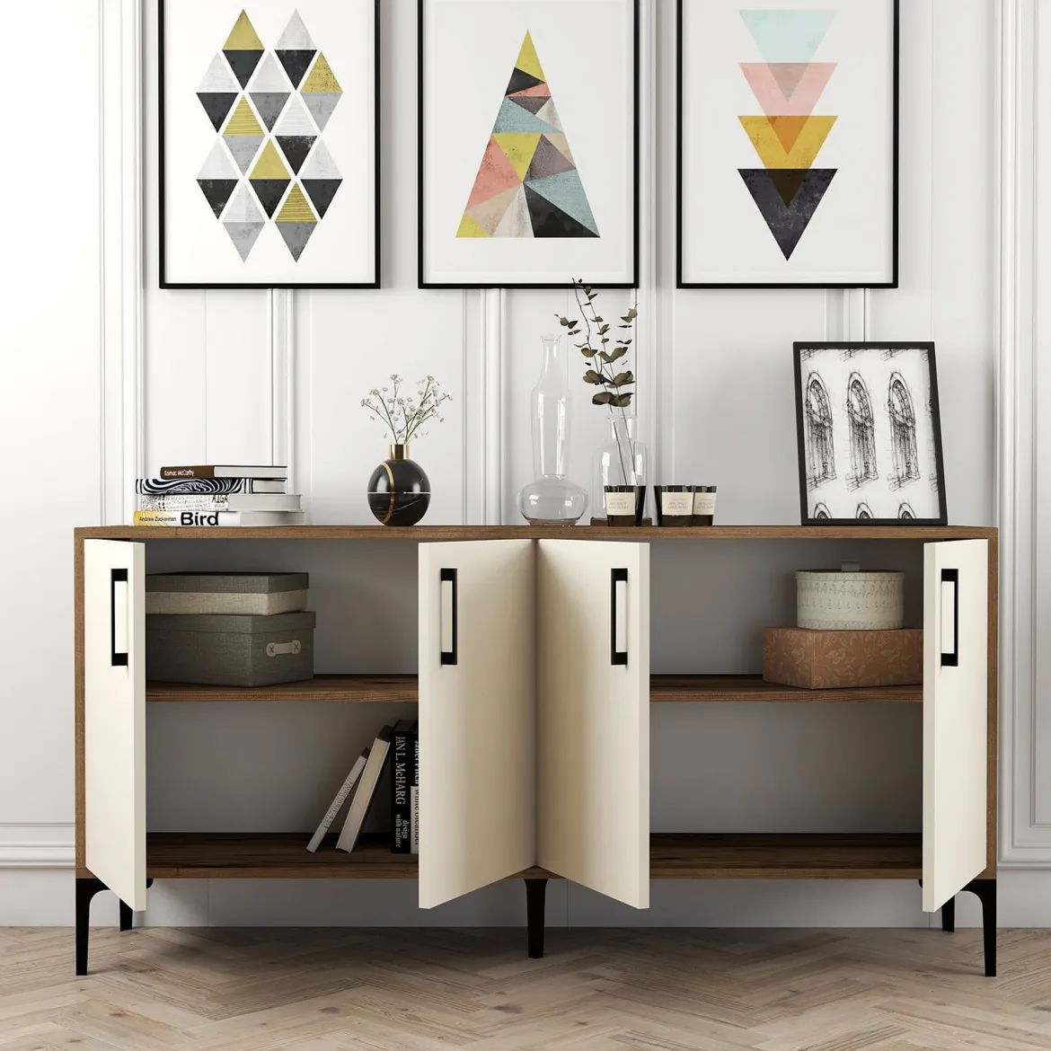 Credenza Bianco Crema Marrone Noce 2 Ripiani 4 Ante 160x35x78h cm, 4 Vani - Sinopoli