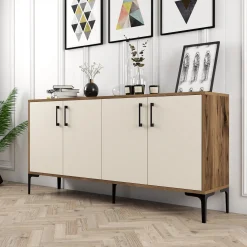 Credenza Bianco Crema Marrone Noce 2 Ripiani 4 Ante 160x35x78h cm, 4 Vani - Sinopoli