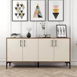 Credenza Bianco Crema Marrone Noce 2 Ripiani 4 Ante 160x35x78h cm, 4 Vani - Sinopoli