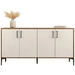 Credenza Bianco Crema Marrone Noce 2 Ripiani 4 Ante 180x35x78h cm, 4 Vani - Pollein