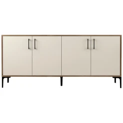 Credenza Bianco Crema Marrone Noce 2 Ripiani 4 Ante 180x35x78h cm, 4 Vani - Pollein