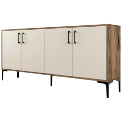 Credenza Bianco Crema Marrone Noce 2 Ripiani 4 Ante 180x35x78h cm, 4 Vani - Pollein